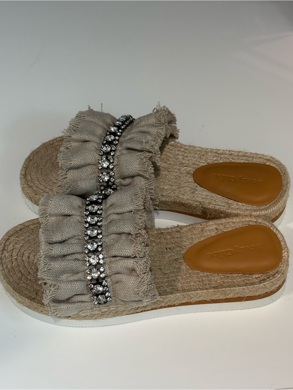 New See by Chloe Women's Beige Fringed Espadrille Slide with Crystal Accent - Picture 3 of 5